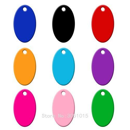 Wholesale pack of 100 oval aluminum pet ID tags, customizable with names and phone numbers, ideal for dog collars.